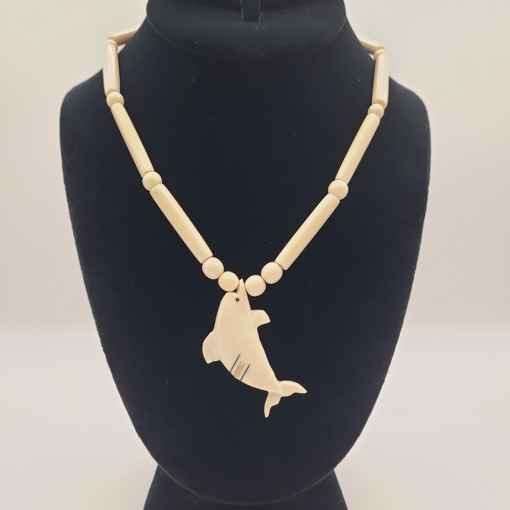 Vintage Carved Dolphin Bone Bead Necklace Coastal Boho Tribal Style